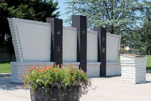 Masonic Garden brick and granite feature with masonic emblems and symbols.