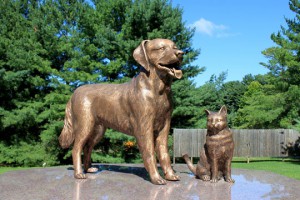 Pet Sanctuary garden life size bronze dog and cat.