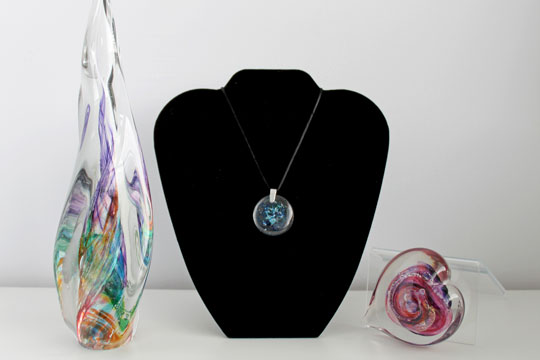 Cremation glass art eternal flame, round necklace, and heart.