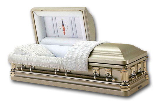 Steel casket with white lining embroidered with American flag.