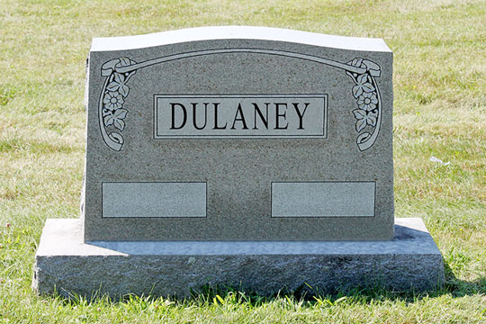 Granite Monument with empty date scrolls and floral design.