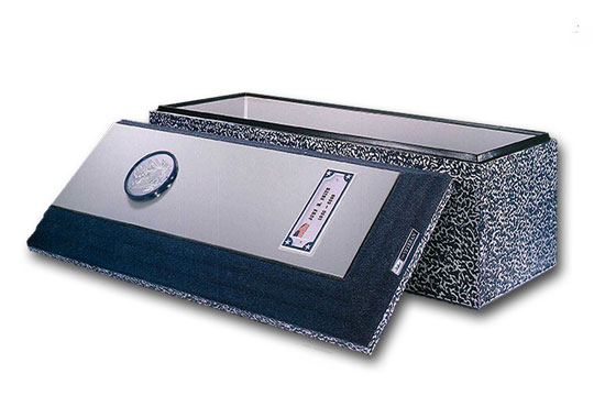 Vault with military emblem and nameplate with American flag.