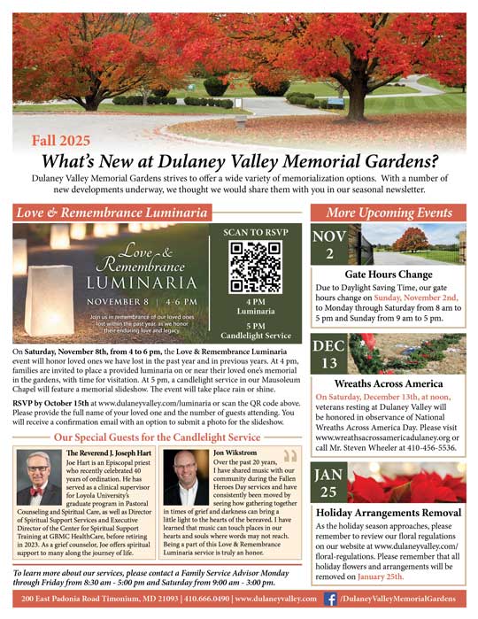 DVMG Fall 2025 Newsletter covering events at Dulaney Valley Memorial Gardens including the Love & Remembrance Luminaria, gate hours change, Wreaths Across America, and holiday arrangements removal in the the gardens.