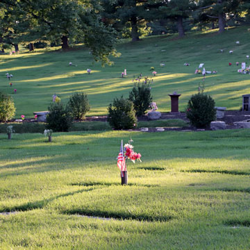 cemetery burial location with flowers and American flag in a vase amid grassy landscape.
